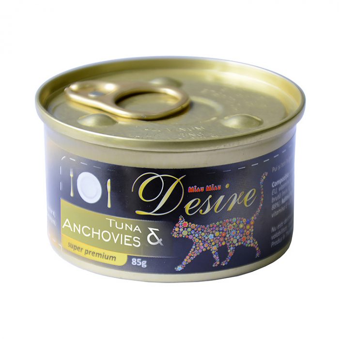 Hrana umeda Desire pentru pisici adulte cu ton file 51% si ansoa in gelatina 85g